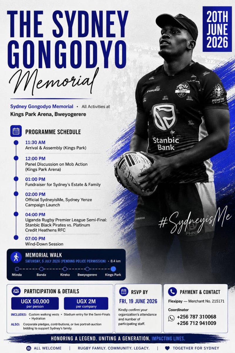 kingFahad_17's tweet photo. A day to remember. A legacy to honor.

Join the rugby fraternity, friends, and well-wishers as we celebrate the life and impact of Sydney Gongodyo at the Sydney Gongodyo Memorial.

This Saturday/Tomorrow 
Kings Park Arena, Bweyogerere https://t.co/VoyUqsKpAd