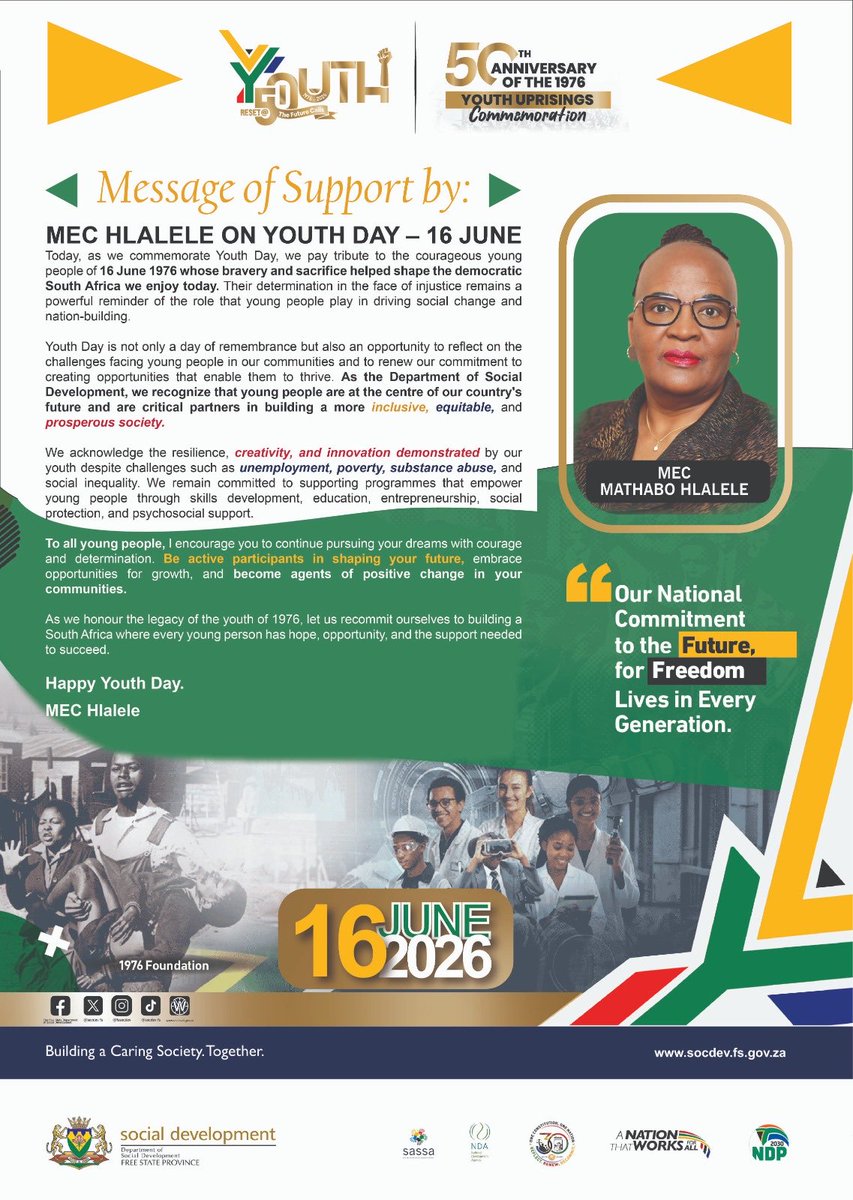 SocdevFs's tweet photo. MESSAGE OF SUPPORT BY MEC HLALELE ON YOUTH DAY- 16 JUNE๐ฟ๐ฆ
50th ANNIVERSARY OF THE 1976 YOUTH UPRISINGS COMMEMORATION.
"Our National commitment to the Future, for Freedom lives in every generation"
โจA NATION THAT WORKS FOR ALL.โจ
#fssocdev #youthday https://t.co/otMNljCAYv