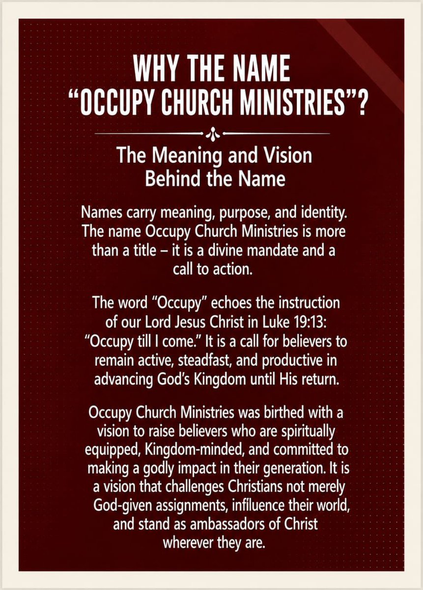 OCMworldwide's tweet photo. Many people ask, Why the name “Occupy Church Ministries"?

The answer is rooted in a divine mandate from Scripture - a call to influence, serve, disciple, and advance God's Kingdom until Christ returns. https://t.co/czAAvLcRD9