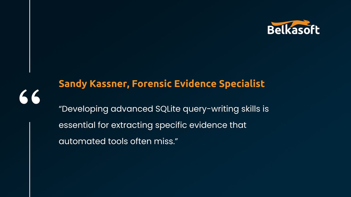 Belkasoft's tweet photo. Automated parsing can only take your DFIR investigations so far. 
Interrogate databases directly and extract hidden evidence with our free Advanced SQLite Queries course (6 CPE credits), open until July 15. 

Follow our LinkedIn for free access: https://t.co/fYxEYi9o43 https://t.co/skelcmimNt