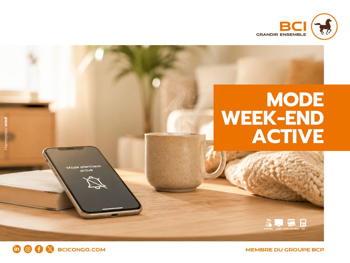 BciCongo's tweet photo. Mode week-end activé 😌☕Téléphone en silencieux, esprit en paix.Parfois, ralentir est aussi une forme de productivité.

#BCI #BanqueDigitale #Disponibilité #Innovation #ServicesBancaires #WeekEnd https://t.co/8Qc9Wu4DoS
