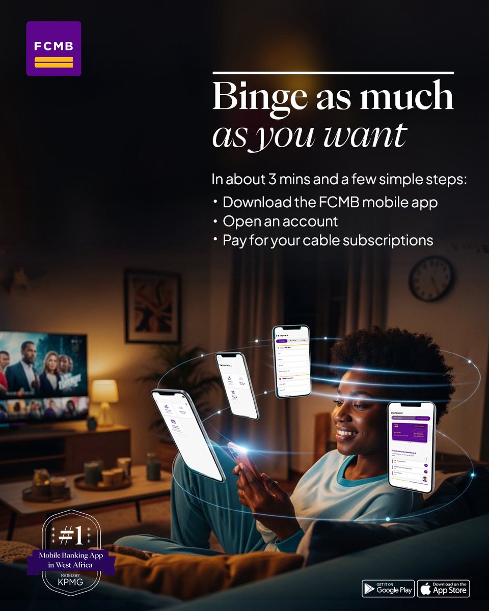 MyFCMB's tweet photo. Your favourite show? ON. 
Your payments? SORTED. 
Your comfort? UNINTERRUPTED. 

Binge as much as you want with just a few taps on the FCMB Mobile App. 

Visit your App Store to download the app today.