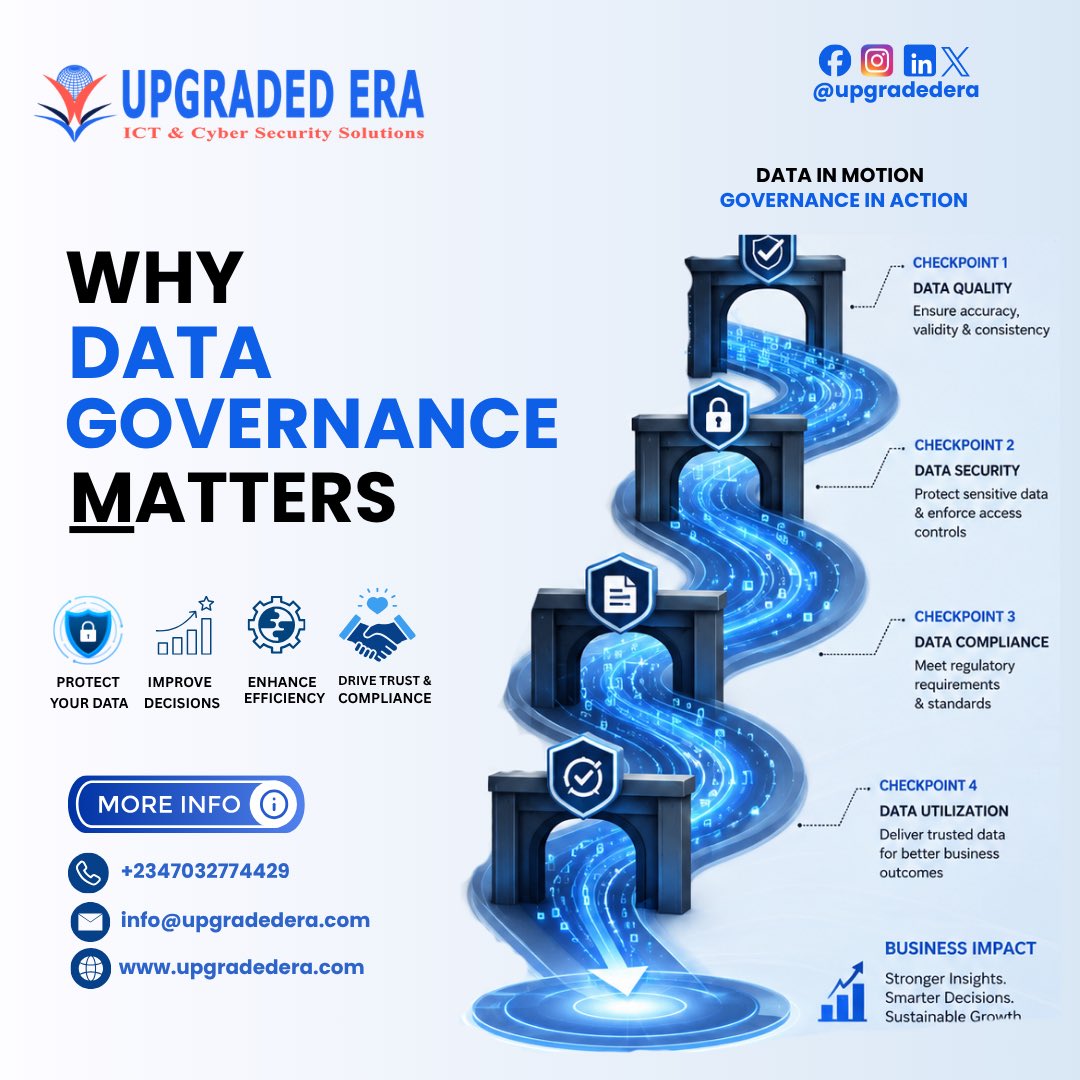 UpgradedEra's tweet photo. Data is only valuable when it's accurate, secure, compliant, and trusted. 

Effective data governance helps organizations improve decisions, strengthen security, and drive growth. 📊 

#DataGovernance #DigitalTransformation https://t.co/v0fetXwMWa