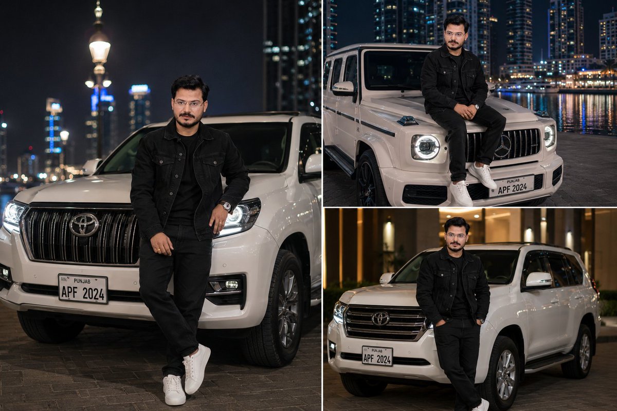 ayeshaafzal55's tweet photo. Turn your photo into amazing AI art using this ChatGPT prompt.

Prompt ⬇️:

Create a cinematic ultra-realistic portrait of the uploaded male person sitting confidently on the hood of a black luxury Mercedes G-Class (G-Wagon) parked beside a waterfront at dusk. He is wearing an all-black outfit including a stylish black jacket, black jeans, and clean white sneakers. The atmosphere is elegant and premium, with soft evening lighting, city lights reflecting on the water in the background, and a shallow depth of field creating beautiful bokeh effects. The subject is looking slightly to the side with a calm, confident expression. Maintain the exact face, facial features, skin tone, hairstyle, and identity from the uploaded photo without any changes. Professional photography, high detail, realistic shadows, luxury lifestyle aesthetic, 85mm lens, natural color grading, ultra HD, Instagram-worthy composition, photorealistic.

I have uploaded my picture don't change my face and features.