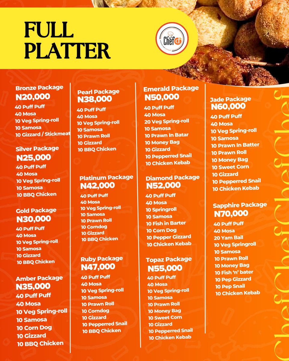ChefD_ng's tweet photo. From small chops to after-party favourites, there’s something for every event. 🍢✨

Explore our menu below👇🏽 

For order/inquiries, Send a DM to us at 
☎️: 09138357178

#smallchops #chefdfoods #grills #catering https://t.co/1yQHOeeLVq