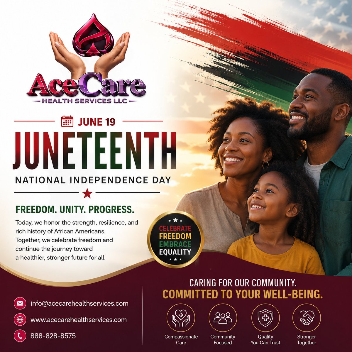 acecarehsllc's tweet photo. Today, we honor Juneteenth National Independence Day, a celebration of freedom, resilience, and progress. Happy Juneteenth!
#Juneteenth #Juneteenth2026 #FreedomDay #UnityAndProgress #CommunityCare #AceCareHealthServices #EqualityForAll #CommunityWellness https://t.co/oYpIQswICp