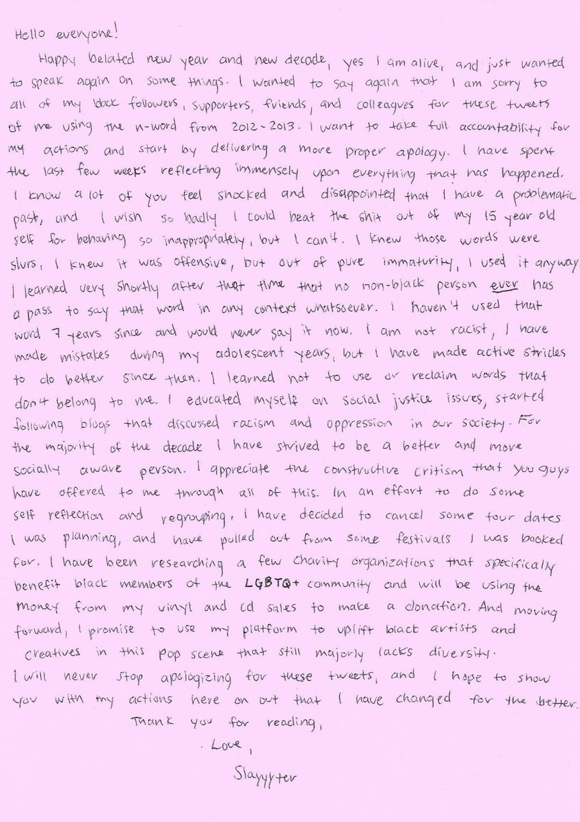 Jill__Day's tweet photo. @crememuse @grosherie @Blkgrlsupremacy She has both hand-written and typed two apologies/statements and has promised to donate to charities benefitting black and queer people.

I’m not black so I can’t say she deserves to be forgiven but I’m happy to support someone who takes accountability https://t.co/ZadgWBKlGz