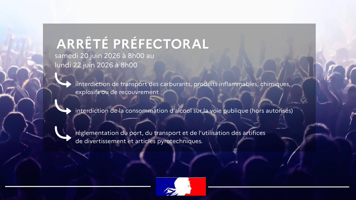 Image de Préfète de la Drôme - 🚨 Mesures de sécurité renforcées dans la Drôme 🚨

Du samedi 20 juin 2026 à 8h00 au lundi 22 juin 2