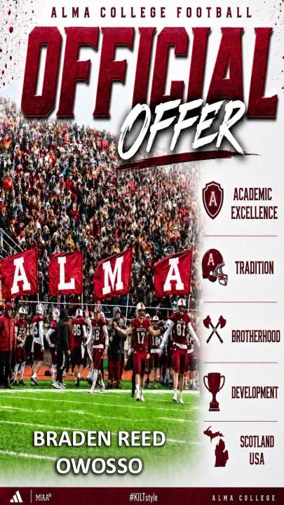 BradenReed015's tweet photo. Blessed and grateful to receive my first offer from @AlmaScotsFB. Thank you to all of the coaches for giving me this opportunity. Excited for what’s next!
@Coach_OGara @CoachCouchAlma @CoachTDev @joshuacdukes @z_rieps  @CoachP_Alma @AlmaCoachCole @OwossoTrojan_FB https://t.co/IIg8l5qlY6