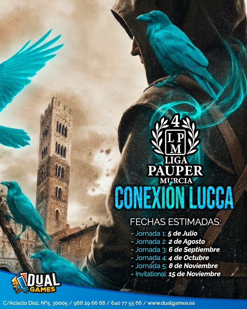 DualGames's tweet photo. ¡Presentamos la 4ª Edición de la Liga Pauper Murcia: Conexión Lucca! ⛓️

¡El formato de las comunes no se detiene! Apenas acabamos de coronar al campeón de la temporada pasada y ya tenemos la mirada puesta en el próximo gran viaje.

Id haciendo hueco en vuestras agendas 🗓️✨ https://t.co/8BFDvSOm2u