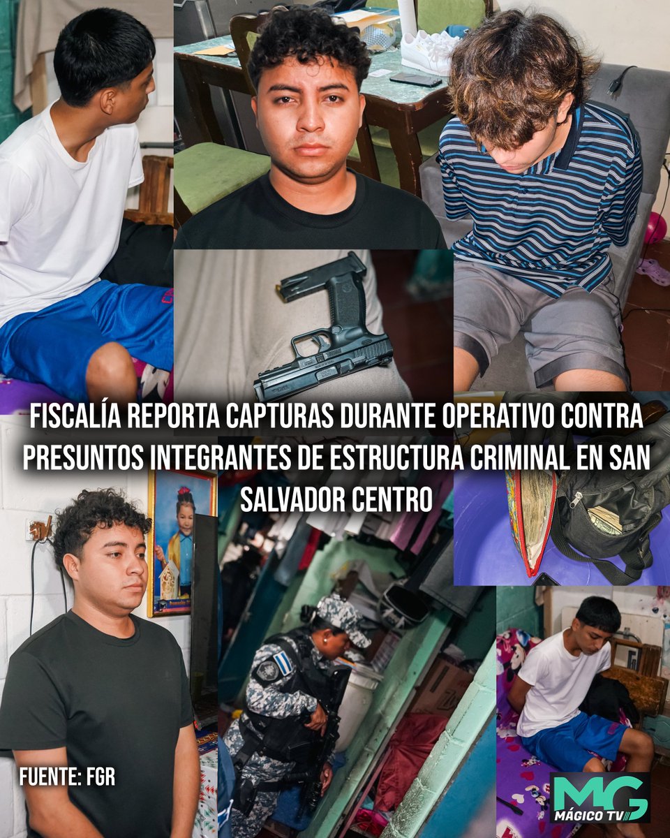 _MagicoTV's tweet photo. El Salvador | Operativo deja capturas de presuntos integrantes de estructura criminal en San Salvador Centro

La Fiscalía General de la República informó que, en coordinación con la Policía Nacional Civil, ejecutó durante la madrugada un operativo en San Salvador Centro contra presuntos integrantes de una estructura criminal que operaba en los distritos de Cuscatancingo, Ciudad Delgado y Mejicanos.

Según las investigaciones, los detenidos estarían vinculados a reuniones ilícitas y a la realización de señas asociadas a dicha organización. (MS-13) Las autoridades también los relacionan con actividades de traslado, resguardo y comercialización de sustancias ilícitas en diferentes sectores de la capital.

De acuerdo con la información oficial, las pesquisas permitieron establecer que algunos de los involucrados también habrían participado en acciones orientadas a incorporar a menores de edad a la estructura, por lo que varios adolescentes fueron ubicados y detenidos durante el operativo.

Entre los adultos capturados se encuentran José Antonio Linares Cea, Kevin Ernesto Mejía Alvarenga, Jorge Luis Córdova Realageño, Mario Enrique Contreras Ventura y Nelson Alessandro Erazo Cruz.

Durante las intervenciones, las autoridades decomisaron porciones de sustancias ilícitas, dinero en efectivo, dispositivos electrónicos y otros objetos que serán incorporados al proceso de investigación.

La Fiscalía indicó que las evidencias recabadas serán utilizadas para fortalecer los procesos judiciales correspondientes y determinar el nivel de participación de cada uno de los detenidos dentro de la estructura investigada.
