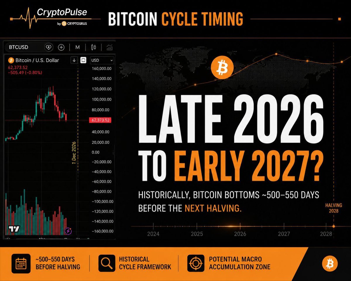 MarketPulse_CRU's tweet photo. When will $BTC stop dropping ? 

Historically, Bitcoin bear market bottoms have formed roughly 500–550 days before the subsequent halving.

If that relationship continues to hold, the next major cycle bottom could occur sometime between late 2026 and early 2027 ahead of the expected 2028 halving.

While far from guaranteed, some market participants monitor this historical timing window as a potential macro accumulation zone.

#BTC #Bottom #Bullish
