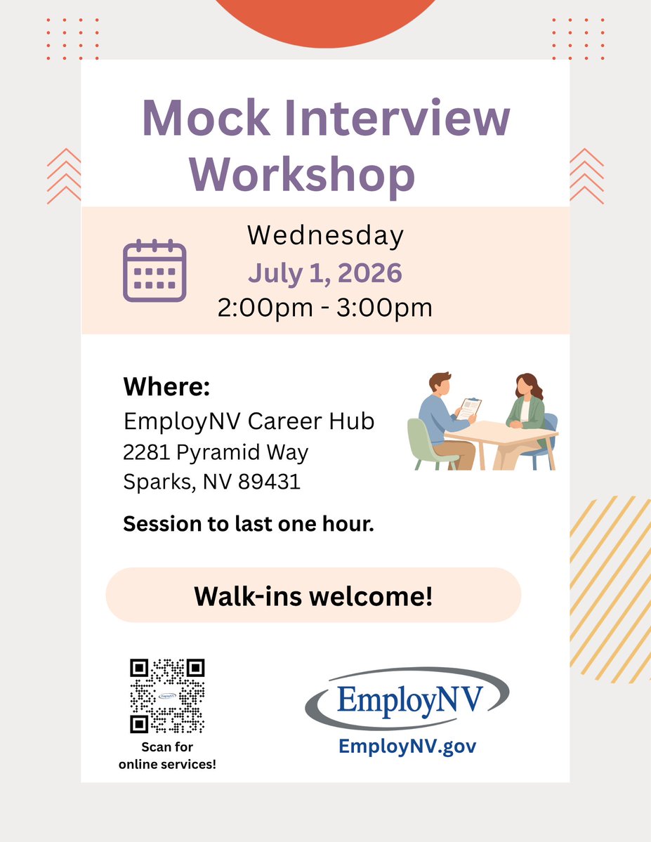 EmployNVNorth's tweet photo. Practice makes hired! This 1-hour Mock Interview Workshop will help career seekers turn those jitters into job‑winning confidence. #Career #Skills #Workshop
📅 Wednesday, July 1, 2026 2pm-3pm
📍 EmployNV Career Hub, 2281 Pyramid Way, Sparks, NV 89431 https://t.co/Geku5t0fA8