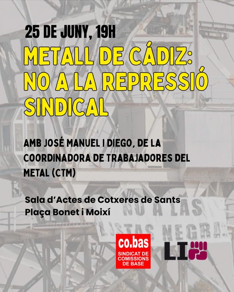 luchainternacio's tweet photo. ✊ Del metall de Cádiz a Barcelona: solidaritat contra la repressió sindical

📅 25 de juny | 🕖 19 h

Xerrada amb José Manuel i Diego (CTM) sobre la lluita del metall de Cádiz i la defensa dels drets sindicals.

📍 Cotxeres de Sants

#MetalDeCadis #CTM #NoALaRepressióSindical https://t.co/btDaocpP7U