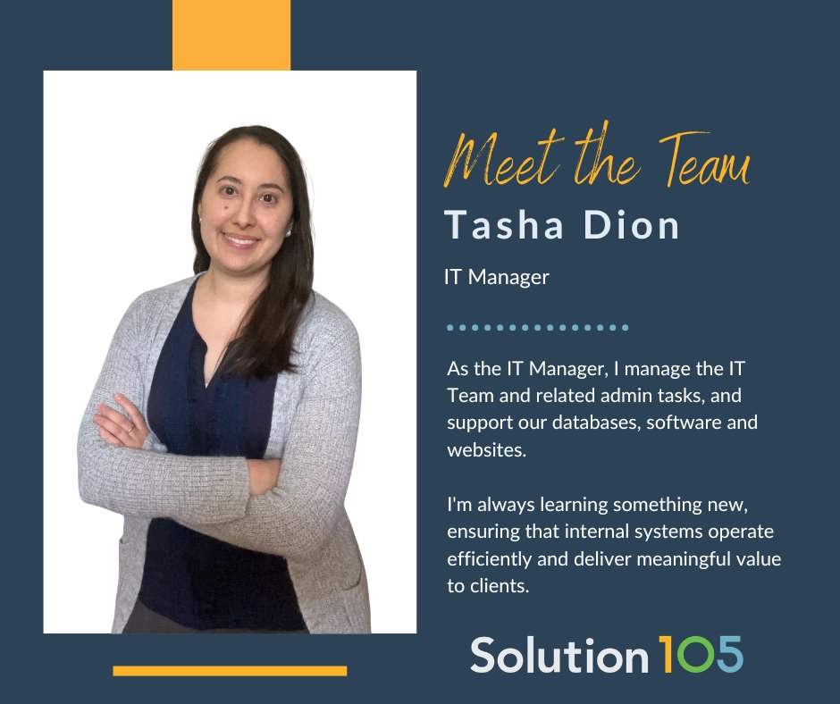 Solution105's tweet photo. Tasha Dion joined Solution 105's IT development team over 10 years ago. As the IT Manager, she manages the IT Team and related admin tasks, and supports the development and maintenance of databases, software and websites. 

Learn more about Tasha at https://t.co/vxANg7sayD https://t.co/3P6qF3TBtX
