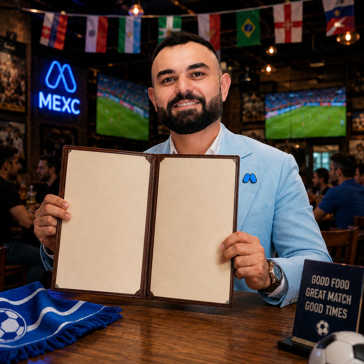 MEXC's tweet photo. 📍Captain Vugar @usithetalk has arrived in your city to watch the game.

🍽️ His menu is still blank.

What local food should he order before kickoff? 👇⚽

#WeAre26 https://t.co/WMJn6CEBCk