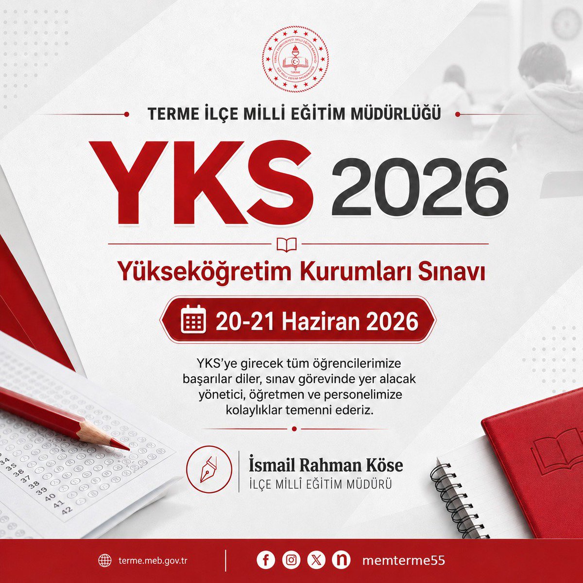memterme55's tweet photo. YKS'ye girecek tüm öğrencilerimize başarılar diler, sınav görevinde yer alacak yönetici, öğretmen ve personelimize kolaylıklar temenni ederiz.

@tcmeb @samsunmem @muratagar60 @ismailrhmnkose https://t.co/9AW3qcVlxN