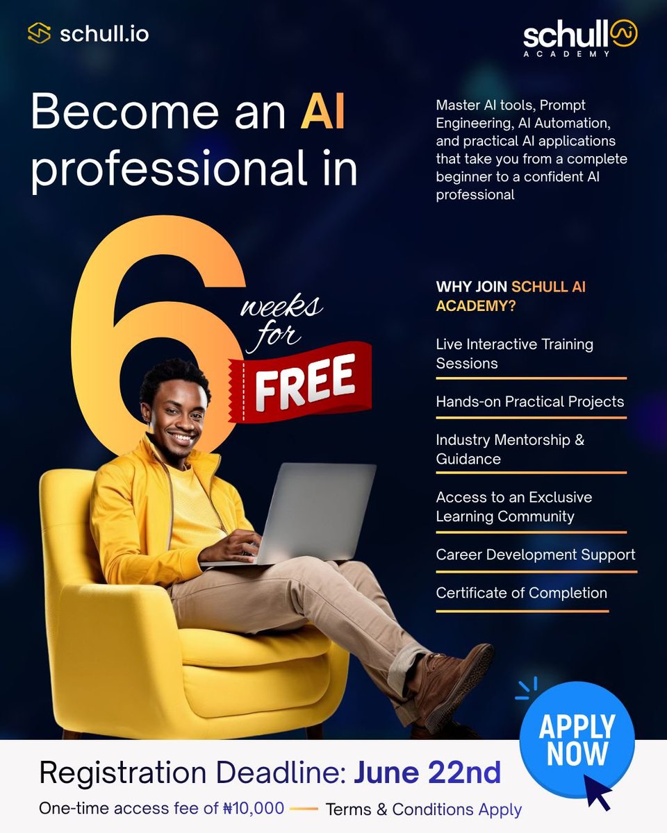 schulltech_'s tweet photo. AI is changing the future of work. Are you ready?

Join Schull AI Academy and gain practical AI skills, mentorship, and access to a thriving community.

🎓 Fully sponsored
📌 Applications close June 22
💳 ₦10,000 access fee

Apply 👇🏽
https://t.co/IxOQeXsYAi https://t.co/rjhrH8617U