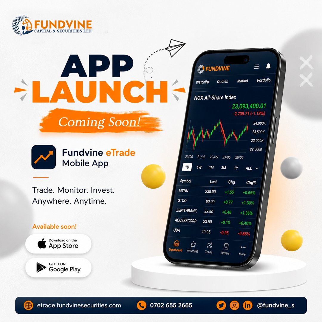 FundvineS's tweet photo. 📱 COMING SOON

The Fundvine eTrade Mobile App is almost here.

Monitor markets.
Track your portfolio.
Stay connected to investment opportunities.

Trade. Monitor. Invest.
Anywhere. Anytime. https://t.co/ecH3lbB17C