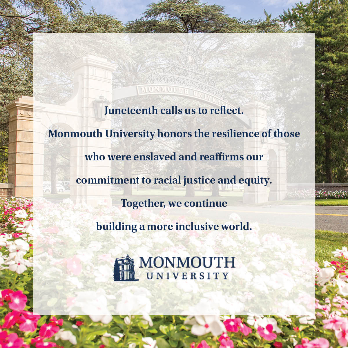 monmouthu's tweet photo. Juneteenth calls us to reflect. Monmouth University honors the resilience of those who were enslaved and reaffirms our commitment to racial justice and equity. Together, we continue building a more inclusive world. https://t.co/Ys4j9D7221