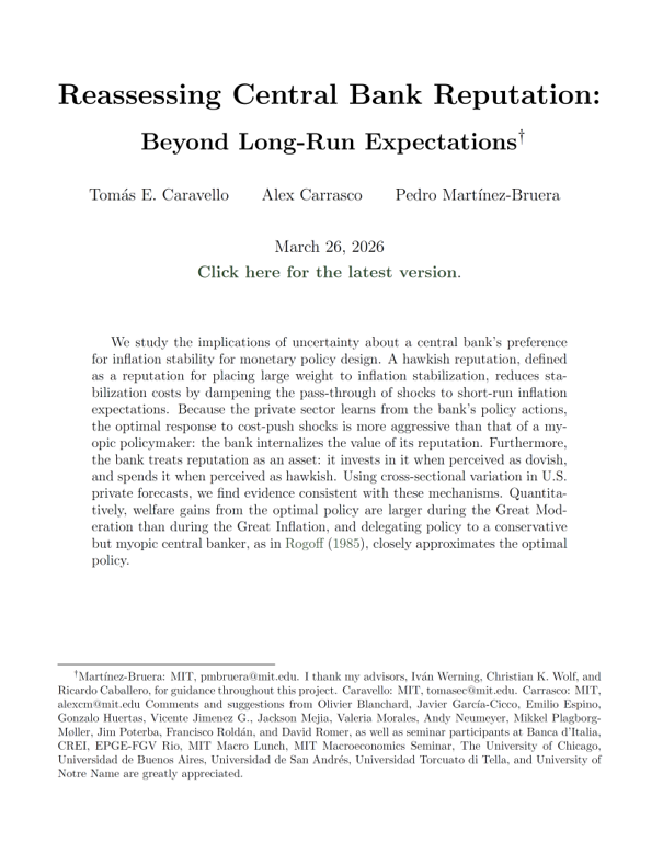 int_mon_econ's tweet photo. Super interesting!

"Reassessing Central Bank Reputation: Beyond Long-Run Expectations" by Tomás E. Caravello, Alex Carrasco, and Pedro Martínez-Bruera.

"We study the implications of uncertainty about a central bank’s preference for inflation stability for monetary policy design. A hawkish reputation, defined as a reputation for placing large weight to inflation stabilization, reduces stabilization costs by dampening the pass-through of shocks to short-run inflation expectations. Because the private sector learns from the bank’s policy actions, the optimal response to cost-push shocks is more aggressive than that of a myopic policymaker: the bank internalizes the value of its reputation. Furthermore, the bank treats reputation as an asset: it invests in it when perceived as dovish, and spends it when perceived as hawkish. Using cross-sectional variation in U.S. private forecasts, we find evidence consistent with these mechanisms. Quantitatively, welfare gains from the optimal policy are larger during the Great Moderation than during the Great Inflation, and delegating policy to a conservative but myopic central banker, as in Rogoff (1985), closely approximates the optimal policy."

https://t.co/AiqU1iGCUY