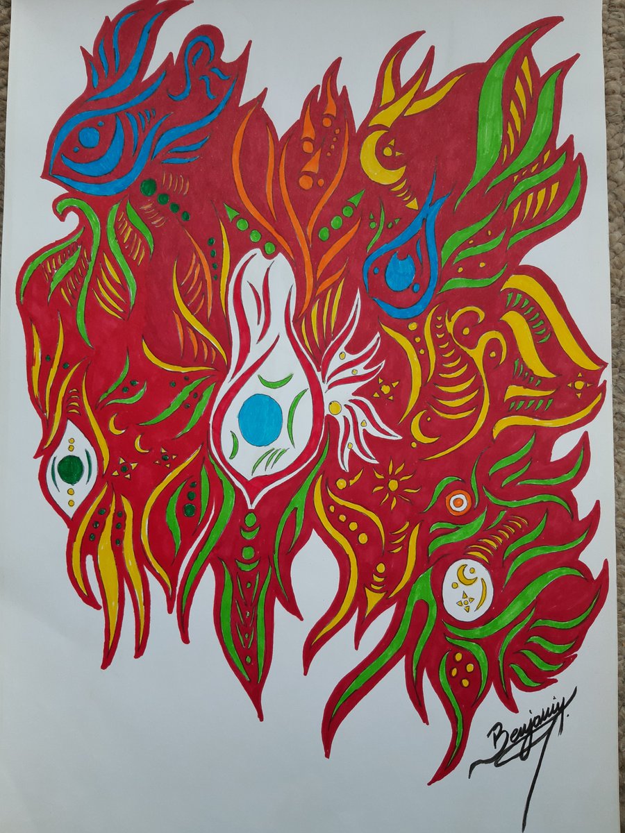 xhdeathhx's tweet photo. ´´ El Ser que se Mira´´

Esta obra nació de una pregunta que no puedo responder con palabras: ¿ qué hay en el centro de la percepción? Por eso puse el ojo blanco en el medio — no como símbolo decorativo, sino como la única zona de silencio dentro de un organismo que arde por todos lados. El círculo azul dentro del ojo no es pupila, es cielo. Es lo único frío en una obra que quema.

Todo lo demás es fuego que piensa Las llamas rojas que dominan en el fondo no destruyen  — contienen. Son la piel de algo vivo que no tiene nombre todavía. Dentro de ellas sembré otros ojos, otras lunas, otras formas que observan desde distintos ángulos porque quise mostrar que la conciencia no es un punto fijo: es múltiple, es periférica, esta en todos lados al mismo tiempo. 

Los verdes y amarillos son nervios. Las lagrimas azules son lo que escapa cuando uno se mira demasiado tiempo. La luna y las estrellas en la esquina inferior son el recordatorio de que todo esto tambien ocurre de noche, también ocurre sin que nadie lo vea. 

Quise que la obra pareciera un rostro pero que nadie pudiera estar seguro de eso. Que cada quien encontrara una cara distinta, o ninguna, dependiendo de cuánto se atreven a mirar de vuelta .

Es un ser que se esta descubriendo a sí mismo en tiempo real. Y ese proceso nunca termina. 

@xhdeathhx