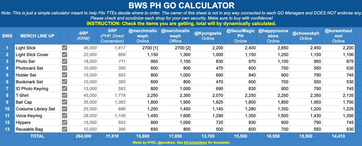 postbws's tweet photo. If there are filo TTEs struggling to decide where to buy #byeonwooseok fanmeet MD (like me), I made a price calculator/compilation of ph group orders.

Feel free to use it. Just check the items and you'll get summary for all GOs!
https://t.co/pxftkoDPh7 https://t.co/lfZlMbZhYC