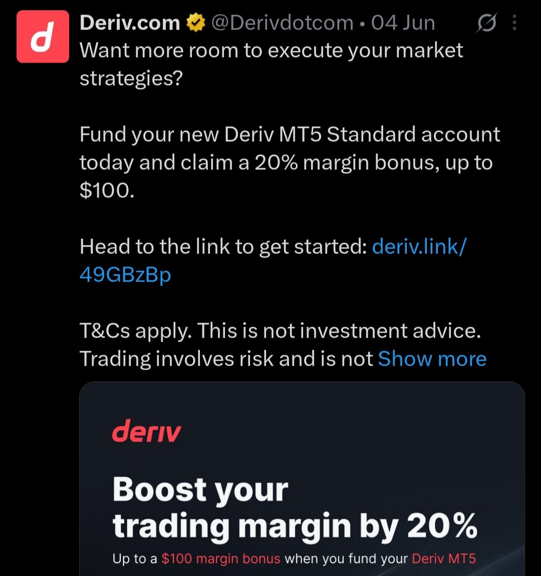 mystridesright's tweet photo. I Use Deriv Broker🏚 &amp; I Trade All Financial Assets📈📊📉💶💱🏚!

Learn &amp; Master Trading Using The Deriv Demo AC Today Or Fund Your Deriv Trading AC Directly &amp; Claim 20% Margin Bonus, Up To $100.📊💱📈🏚 https://t.co/LCMKZ7dooE