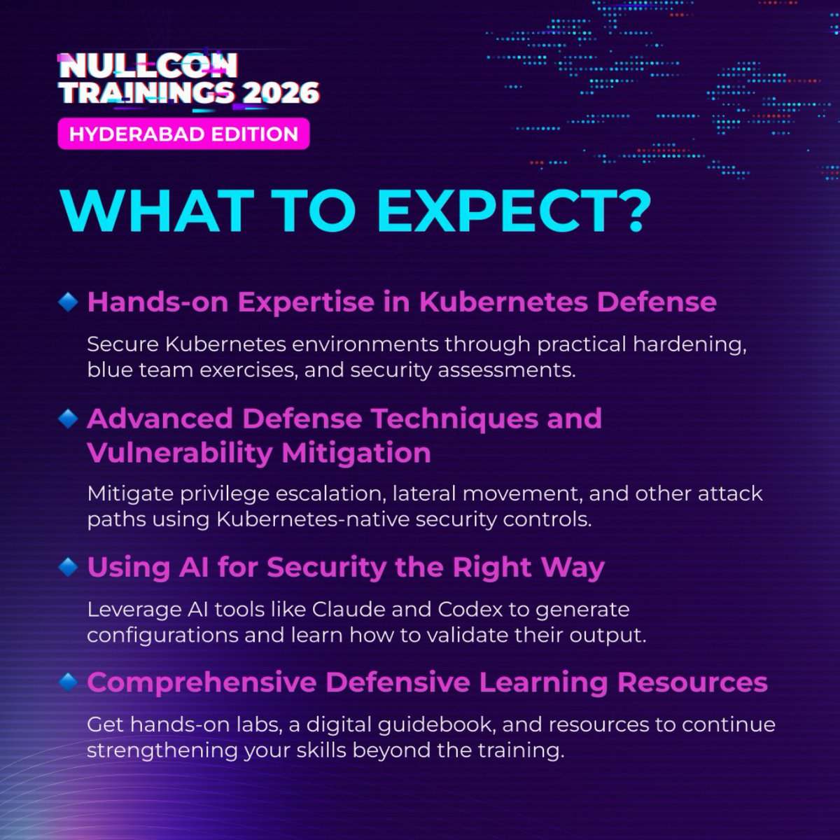 nullcon's tweet photo. At Nullcon Trainings | Hyderabad Edition, Madhu Akula and Chandrapal Badshah will guide you through a hands-on journey to secure Kubernetes against real-world attack patterns.

Register now: https://t.co/HPx89H30hS
📍 Novotel &amp; HICC
📅 27–29 August 2026

#NullconHYDTrainings2026 https://t.co/0mVnfjmRHG