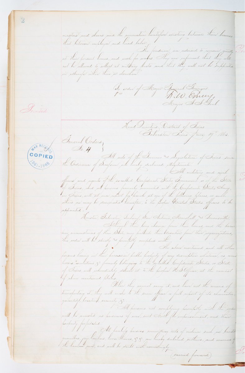 UTCivics's tweet photo. On June 19, 1865, U.S. Major General Gordon Granger arrived in Galveston, Texas and issued General Order No. 3, informing the people of Texas that all enslaved people were now free. Juneteenth commemorates this pivotal moment in the history of Texas and the United States.

“The people of Texas are informed that, in accordance with a proclamation from the Executive of the United States, all slaves are free. This involves an absolute equality of personal rights and rights of property between former masters and slaves, and the connection heretofore existing between them becomes that between employer and hired labor. The freedmen are advised to remain quietly at their present homes and work for wages. They are informed that they will not be allowed to collect at military posts and that they will not be supported in idleness either there or elsewhere.”

General Order No.3