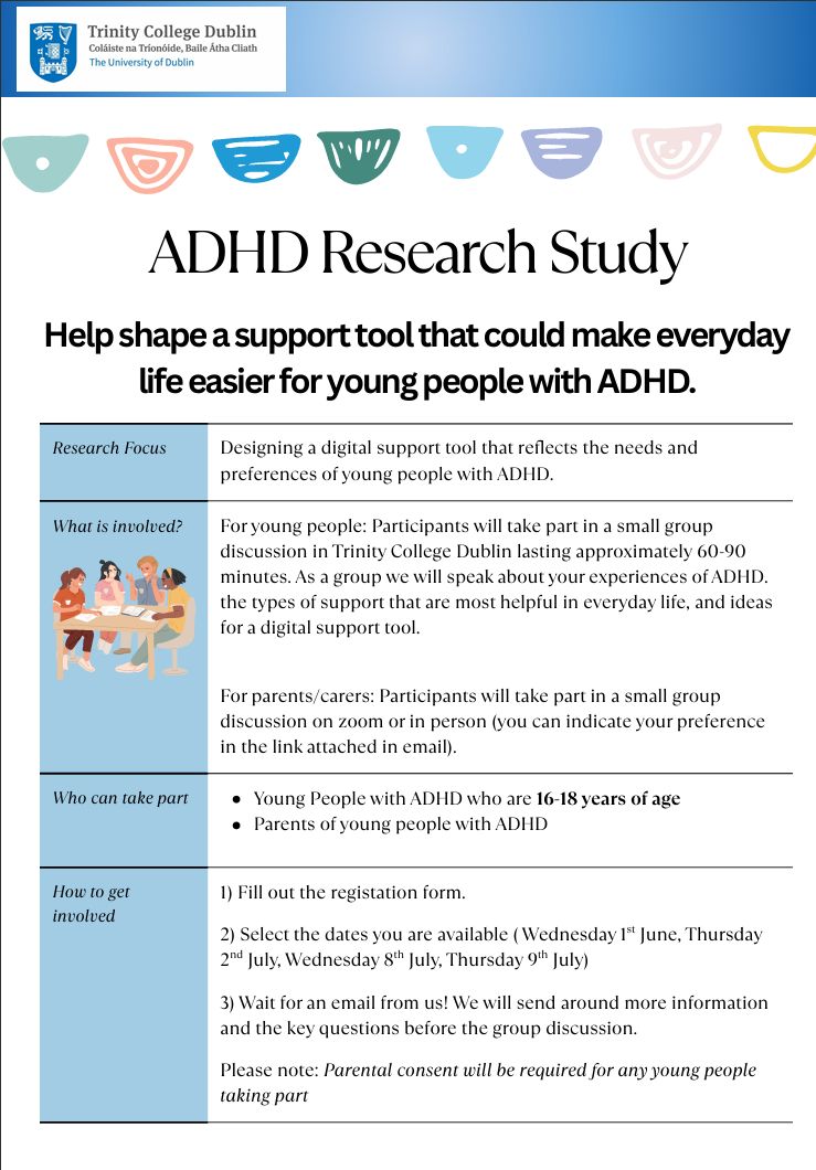 adhdireland's tweet photo. Trinity College are creating a digital support tool for teens (16-18) with ADHD and they want your input! 
Teens: https://t.co/ZXCdpnL284
Parents: https://t.co/o6KpEAKOVA

Thank you for considering taking part in this research 😊 https://t.co/HNNlZ7lZAq