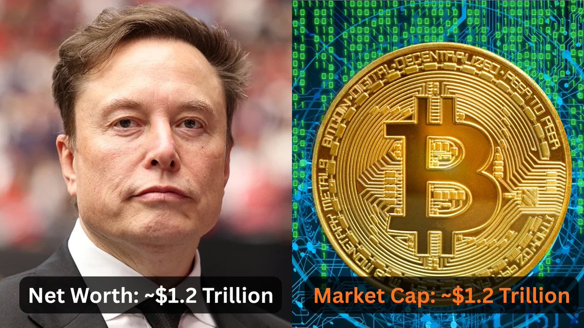 LarkDavis's tweet photo. Elon Musk is worth $1.2 Trillion. 

That’s one single person. 

Bitcoin’s market cap is also around $1.2 Trillion right now. So don’t tell me Bitcoin reaching $5T or even $10T is impossible. https://t.co/QCy3FAreTN