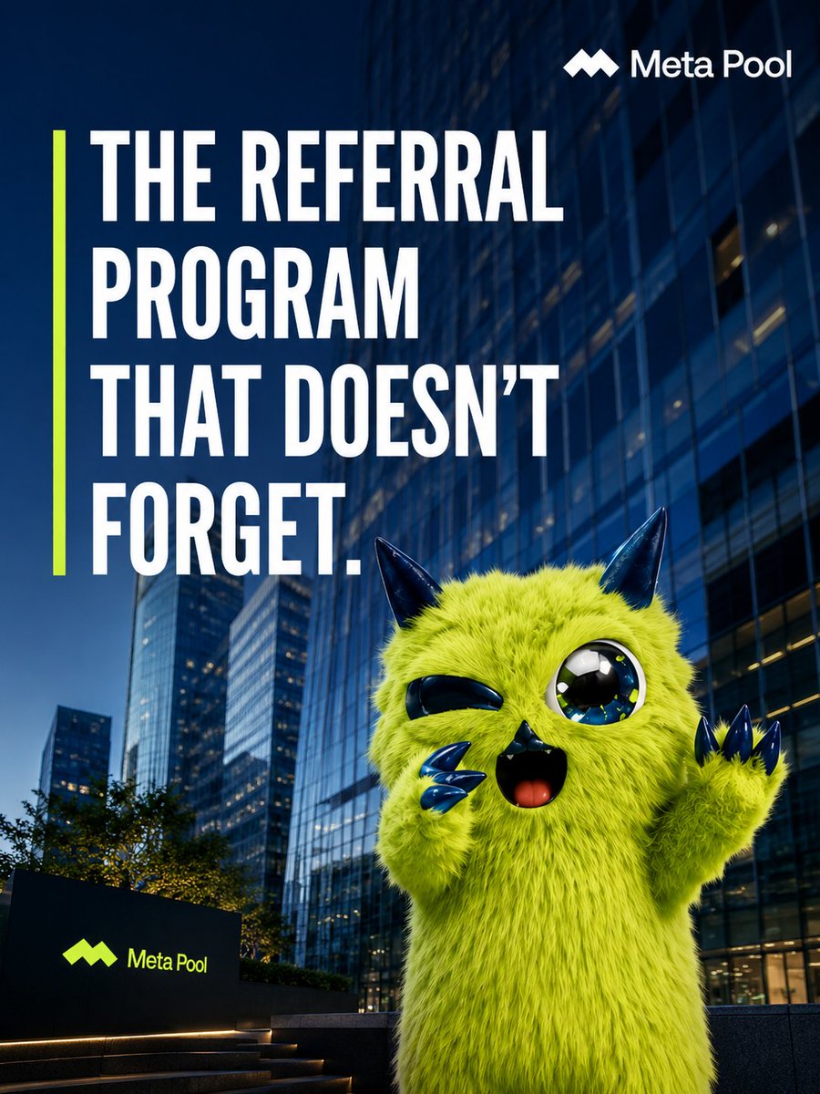 meta_pool's tweet photo. Most referral programs in DeFi have one thing in common.

They reset.

Month ends. Counter goes to zero. Nobody remembers who built what.

We built something different 🧵👇 https://t.co/JlfUvCevQ2