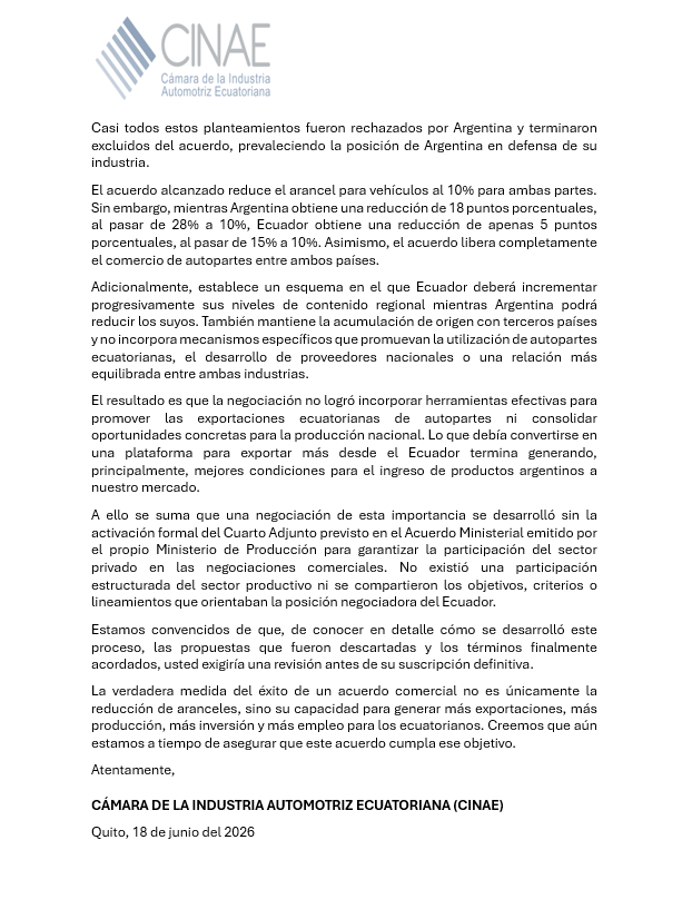 CinaeEc's tweet photo. Carta abierta a @DanielNoboaOk  sobre oportunidad perdida en la negociación del sector automotriz con Argentina. @LuisJaramilloOK @robertokuryec @SarihaMoya https://t.co/vnFpTxxFKd