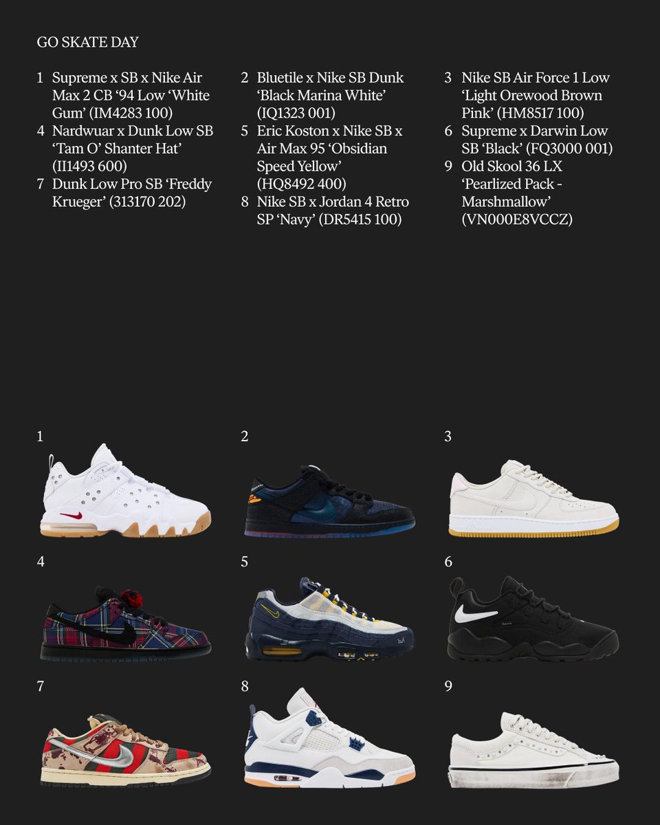 flightclub's tweet photo. Celebrate Go Skate Day with a curated lineup of skateboarding icons, SB classics and cult-favorite silhouettes. From Nike SB x Air Jordan 4 and Eric Koston Air Max 95 to Dunk lows and Vans staples, discover the pairs that shape skate culture on and off the board.

Shop now: https://t.co/TkC6yoFiYe
