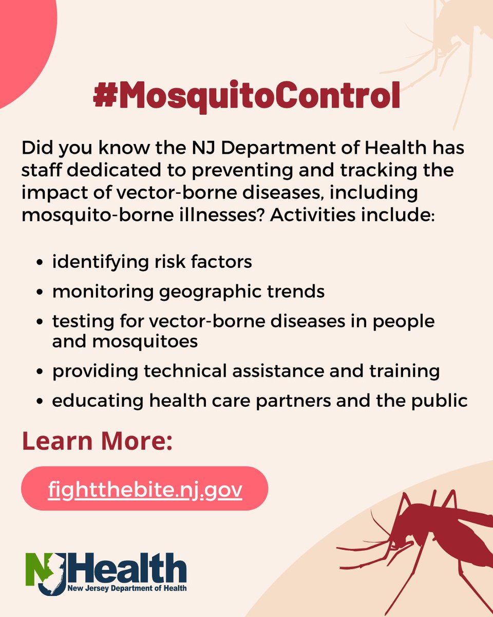 NJDeptofHealth's tweet photo. The New Jersey Department of Health is here to help you stop and track diseases spread by mosquitoes and other bugs, like West Nile virus. Learn more: https://t.co/XiKKeavCtz #HealthierNJ #MosquitoControl #FightTheBite https://t.co/up3c0MbJyz