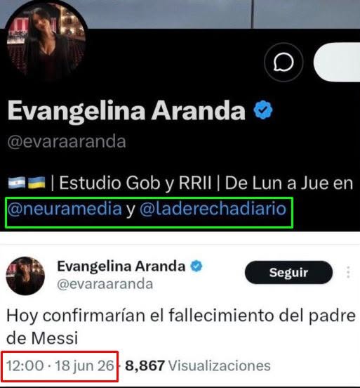 tintoyfaina's tweet photo. #URGENTE 

QUE TODOS LA CONOZCAN!!!
SE LLAMA EVANGELINA ARANDA, LIBERTARIA Y TRABAJA EN "NEURA", EL STREAMING DE FANTINO, LA DERECHA DIARIO Y LEGISLATURA PORTEÑA

Miren de donde habría nacido el FAKE NEWS sobre la supuesta muerte del padre de Messi.

Evangelina escribe el tuit 12:00 Hs

El periodista Gastón Lucero Suarez da la noticia a las 12:28 Hs.