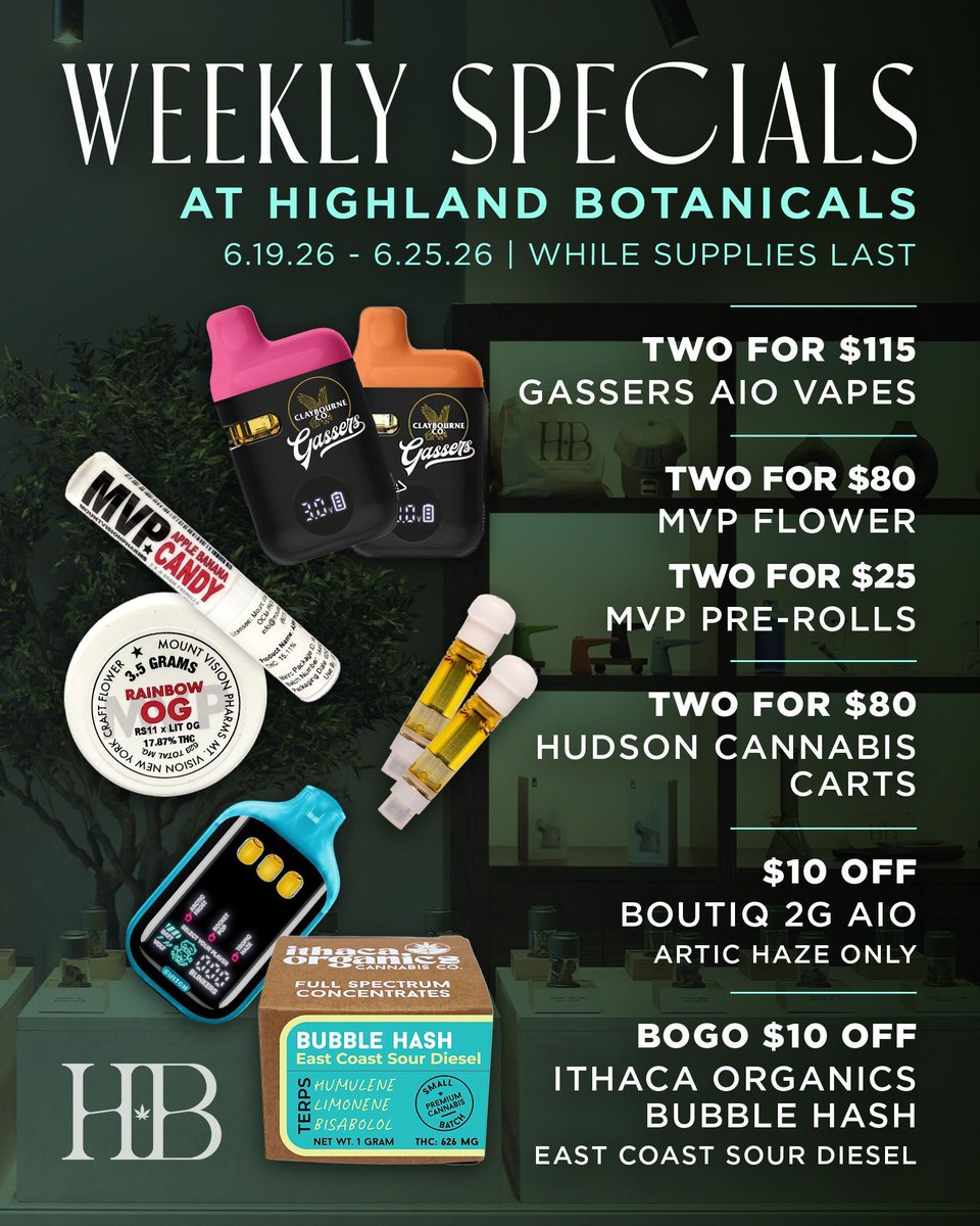 HighlandBotan's tweet photo. Weekly specials at #HighlandBotanicals 🔥

From flower and pre-rolls to #vapes and carts, this week's lineup is packed with #savings.

Stop by and take advantage of these limited-time #specials:
📍 24 Highland Avenue | Piermont, NY

21+ only. Licensed New York retailer. https://t.co/0i41Gh16On