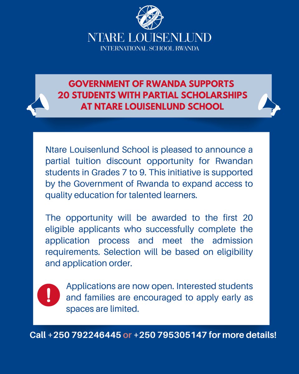 NtareLouise's tweet photo. Good News!

Through support from the Government of Rwanda, Ntare Louisenlund School is offering partial scholarships to the first 20 eligible applicants in Grades 7 to 9.

The scholarships are available for the 2026/27 academic year and will be awarded to students who successfully complete and pass the admissions process.

Applications are open until 1st July 2026.

Apply now via our website!