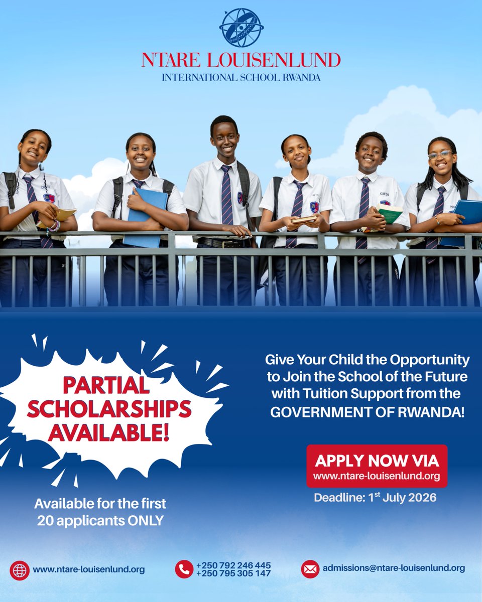 NtareLouise's tweet photo. Good News!

Through support from the Government of Rwanda, Ntare Louisenlund School is offering partial scholarships to the first 20 eligible applicants in Grades 7 to 9.

The scholarships are available for the 2026/27 academic year and will be awarded to students who successfully complete and pass the admissions process.

Applications are open until 1st July 2026.

Apply now via our website!