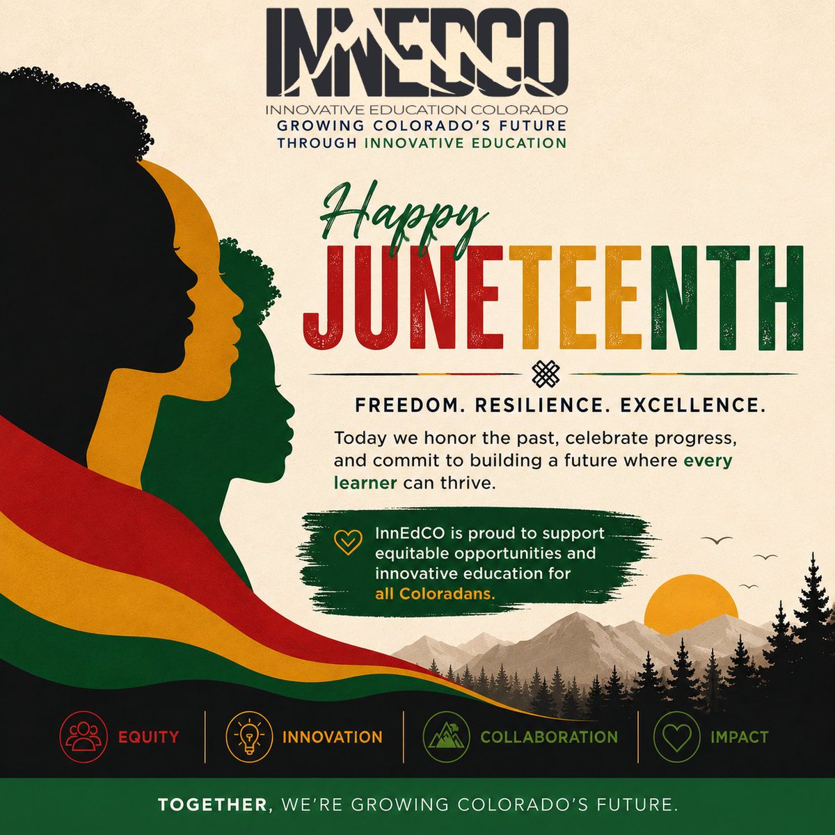 InnEdCO's tweet photo. Today, we honor Juneteenth: a celebration of freedom, resilience, and the ongoing work of building a more equitable future. 
#Juneteenth #EquityInEducation #InnovativeEducation #ColoradoEducators #InnEdCO https://t.co/E2OIFHs2ur