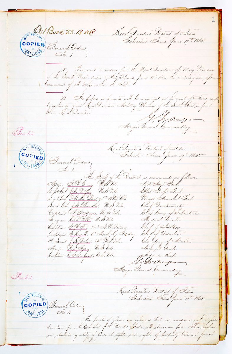 internetarchive's tweet photo. In recognition of #Juneteenth today, we’re sharing scans of General Order No. 3, the document that informed enslaved people in Texas that they were free on June 19, 1865, carrying out the Federal Government’s final execution of emancipation. 📜

Read the text in scans based on the original handwritten records preserved by the U.S. National Archives and saved to the Internet Archive ⤵️
https://t.co/xbUNzB7TeD 

@usnatarchives #History #Archives #BlackHistory