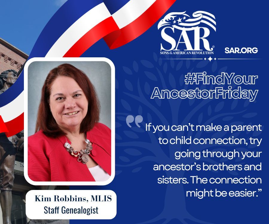 SarHeadquarters's tweet photo. #FindYourAncestorFriday 🔍

Tip from SAR Genealogist Kim Robbins: If a parent-child link is hard to find, trace through siblings instead—you may uncover the connection more easily. 

#SAR #SAR250 #Genealogy #FamilyHistory https://t.co/nqap5t64o1