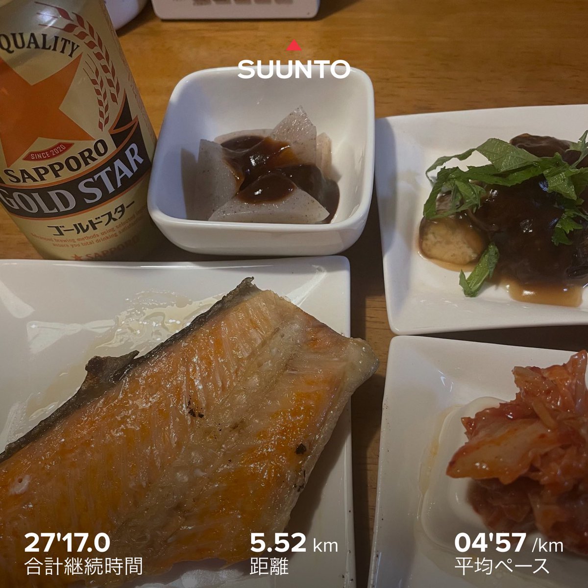 dij1970's tweet photo. しごおわラン
5.52km(4:57/km)
蒸し暑い💦
鮭とか茄子とか蒟蒻、豆腐で和な感じとビール🍺
今週もお疲れさまでした！ https://t.co/wKSIGJN2Yg