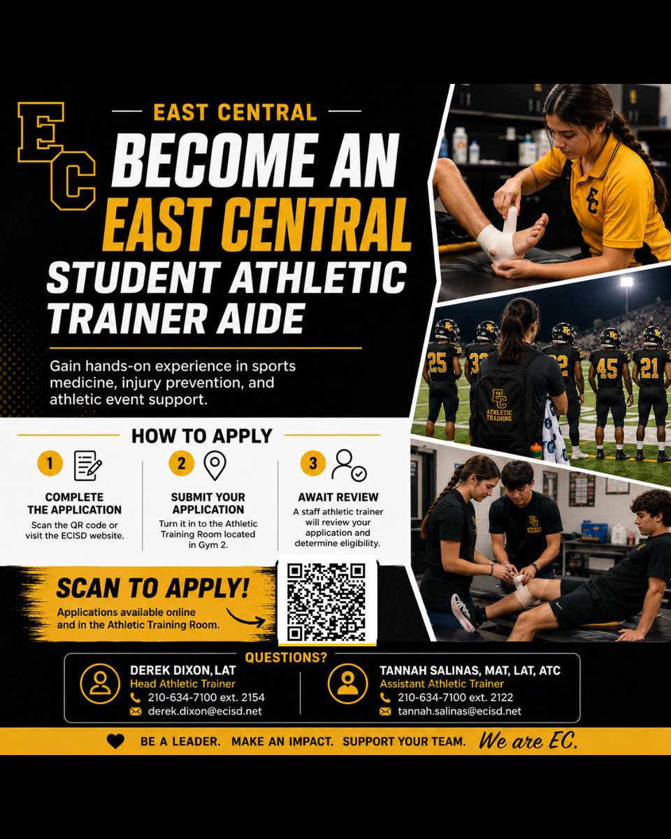 _ECAthletics's tweet photo. 🏈 Applications are now open for East Central Student Athletic Trainer Aides!

Gain hands-on experience in sports medicine, injury prevention, and athletic event support.

📋 Apply today

@ECISDtweets @ArriolaSuzette @ECHShornets @maggiwelham @joehubb74 https://t.co/exKJUe8hIx