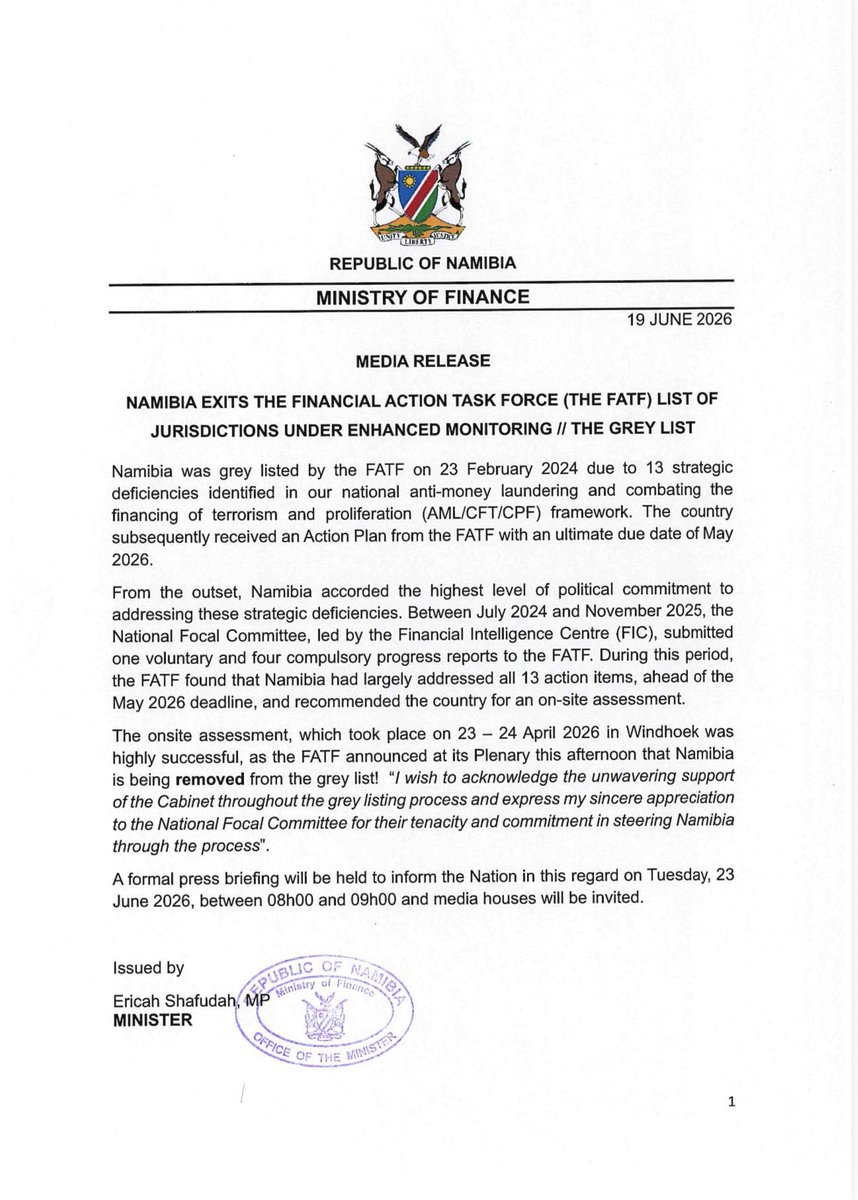 FinanceNamibia's tweet photo. Namibia officially exited the grey list. https://t.co/mN0RLSTKMY