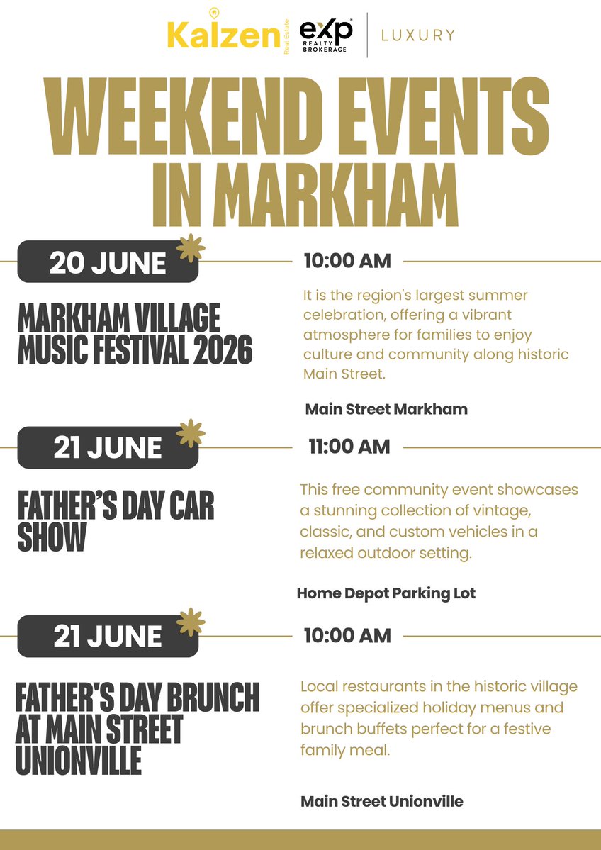 callmikelau's tweet photo. Markham Weekend Lineup! 🎶🏎️🍳
Don't miss out this June 20-21:
🎶 Sat 10AM: Music Festival @ Main St Markham
🏎️ Sun 11AM: Father’s Day Car Show @ Home Depot
🥂 Sun 10AM: Father’s Day Brunch @ Unionville
Which one are you hitting? Message me! 👉 https://t.co/E0dh5meMrs
#Markham https://t.co/a6rDdSOssY