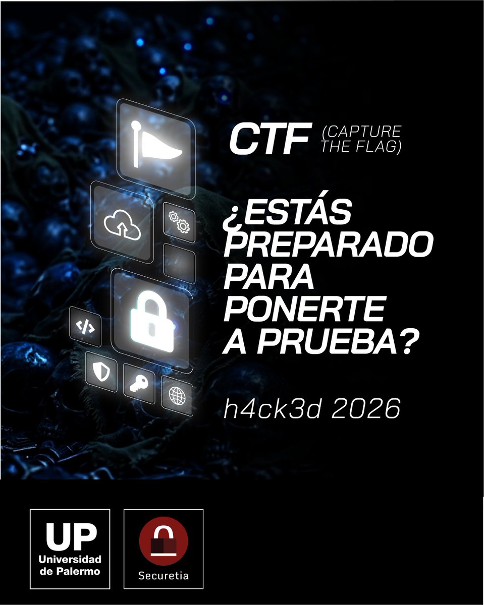 securetia's tweet photo. 🎯 CTF de h4ck3d 2026: ¿Estás preparado para ponerte a prueba?

Como todos los años, junto a la @udepalermo, tendremos desafíos especiales en nuestro Capture The Flag con premios exclusivos. 

🧠 Participá para poner a prueba tus habilidades, aprender en el camino y demostrar todo lo que sos capaz de lograr en el mundo del hacking ético. Te 

En breve vamos a actualizar los desafíos. Registrate ingresando tus datos acá https://t.co/ZbggSCVfIZ

#h4ck3d2026 #CTF #CaptureTheFlag #Ciberseguridad
