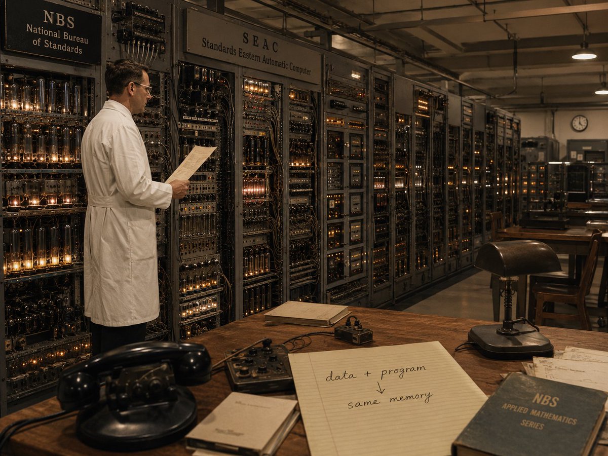 skwx's tweet photo. 6月20日は、電子計算機"SEAC"が公開された日（1950年）です！

米国国立標準局（NBS）が開発した電子計算機
"SEAC"（Standards Eastern Automatic Computer）が公開・稼働しました。
米国で最初期に本格的に動いた"プログラム内蔵方式" の電子計算機。

つまり、
コンピュータが "今のかたち" で動き始めた日です。

🖥️ データも、手順も、同じ場所に

それまでの初期の計算機の多くは、

・計算する「データ（数値）」
・計算の「手順（プログラム）」

別々に扱う、配線の差し替えのような仕組みでした。

SEACは、データもプログラムも、
同じメモリの中で一緒に記憶させることを体現しました。

地味な話に聞こえるかもしれませんが、
これこそが現在のスマホもPCも、すべてに共通する基本形です。

#今日は何の日ITすきま教室