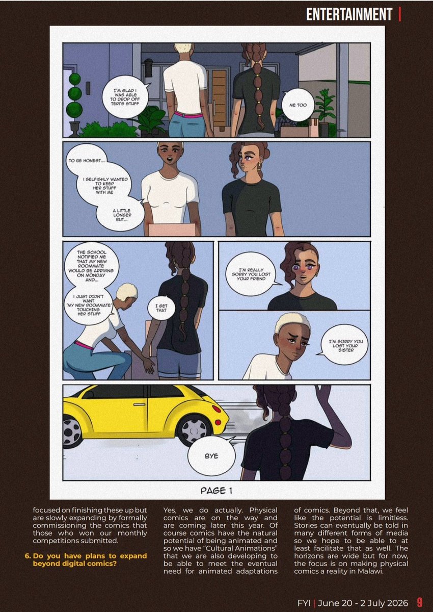 Culturalcomics's tweet photo. We are pleased to announce that Cultural Comics has been featured in the 20th June Edition of @FYIonlinemw 🇲🇼🔥. Check out the full interview with Florence Mwale below. Art by Freddie Mndolo and Djengo Masaiti. https://t.co/WL0e1EOBAt